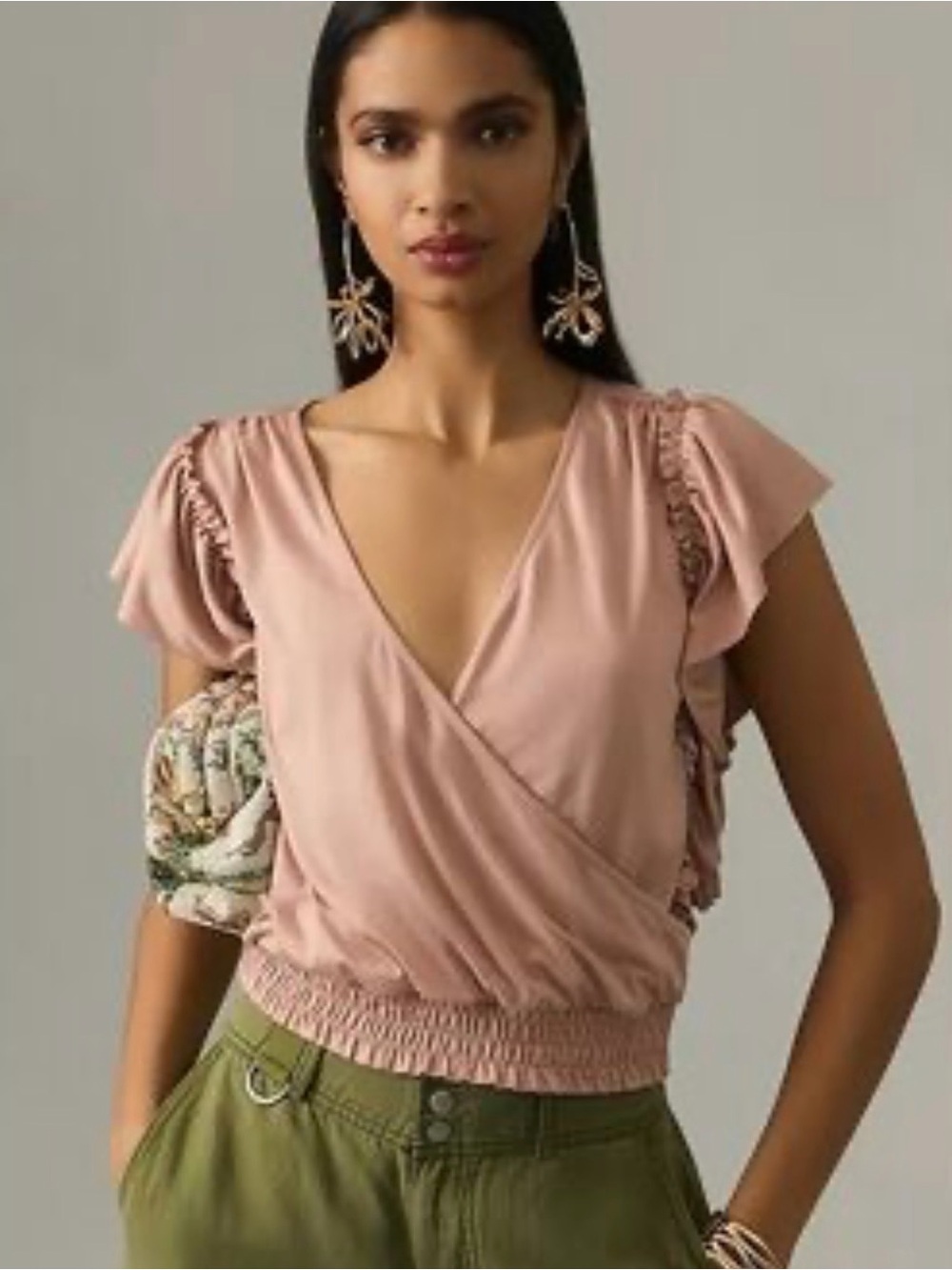 Anthropologie Dusty Rose Wrap-Front Ruffle Sleeve Top
